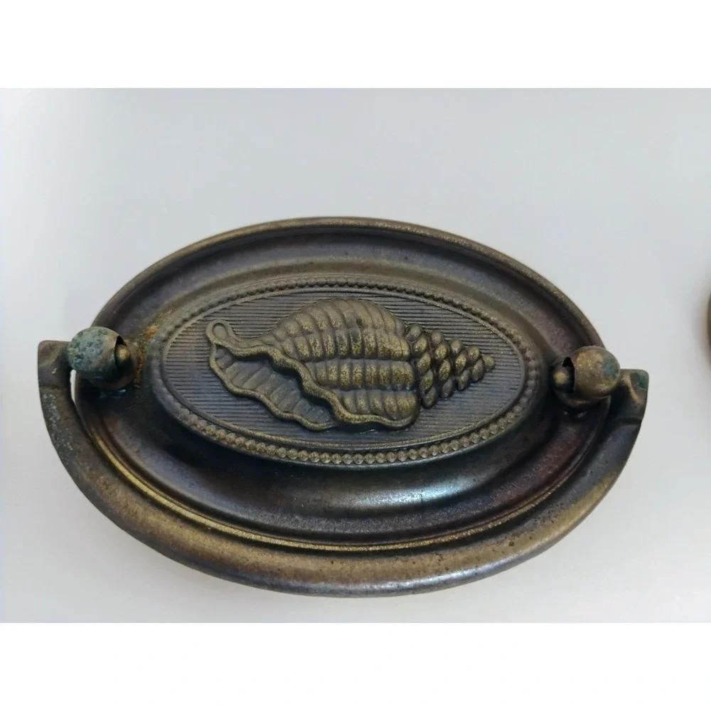 6 Vintage Antique Brass Drawer Pulls Hardware Oval Seashell 3.5